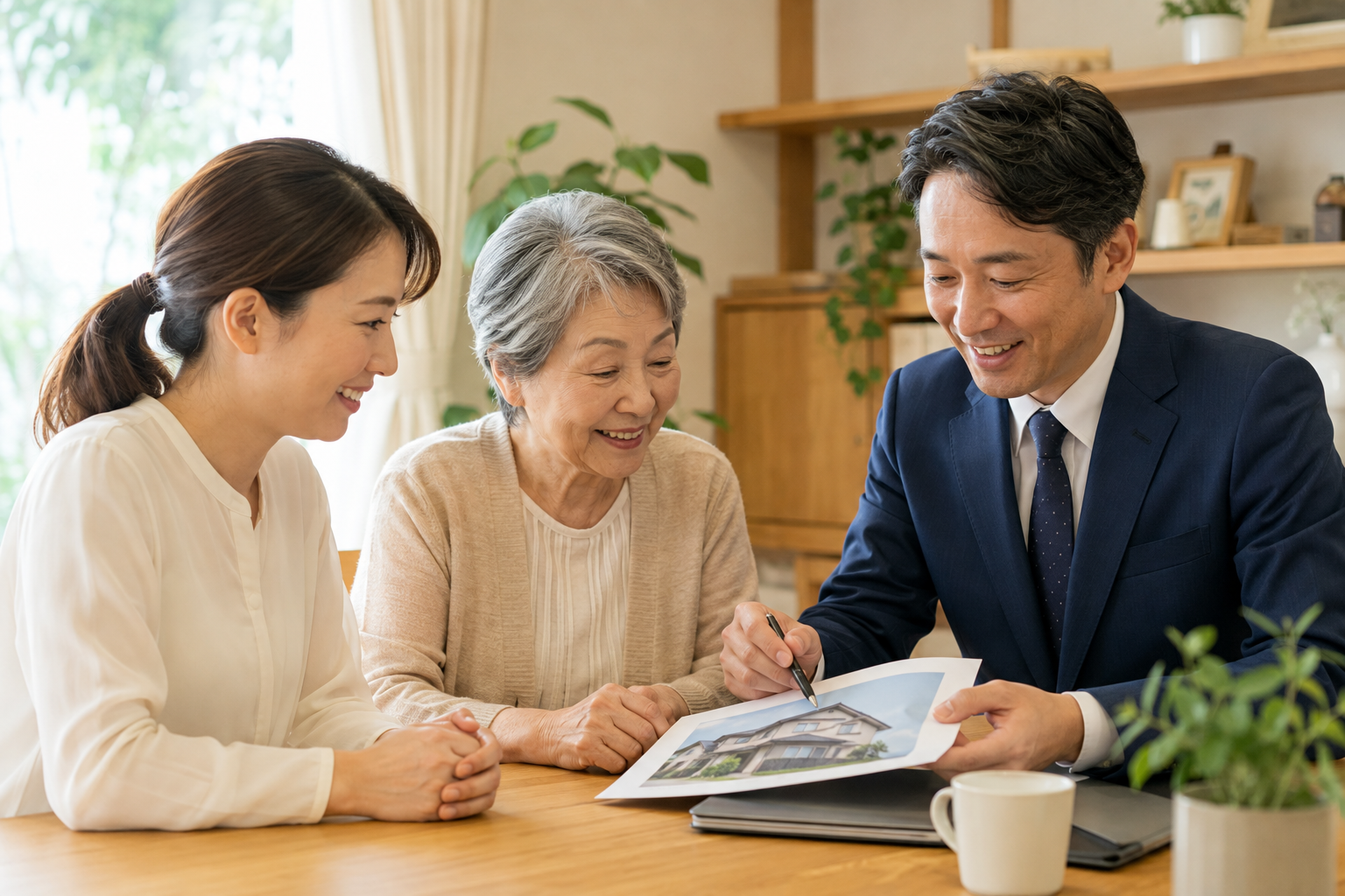 高齢の女性とその家族、相談員が自宅で資料を見ながら話をしている様子